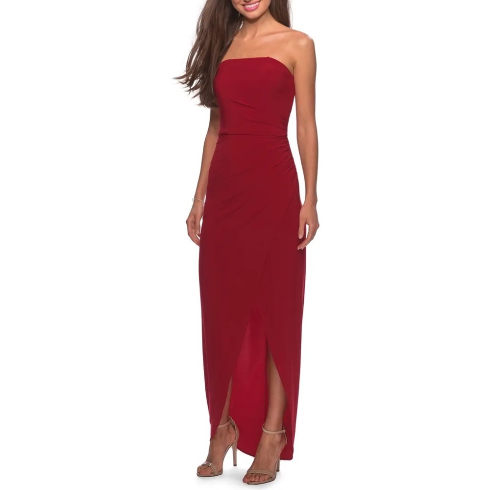 La Femme Strapless Burgundy Column Gown